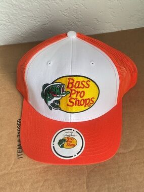 Bass Pro Shops high quality Embroidery Orange and White Mesh Logo Trucker Cap.
